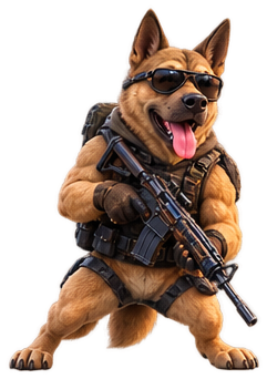 Barko the dog, armed and ready