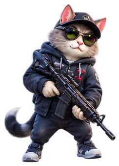 Meowster the cat, armed and ready